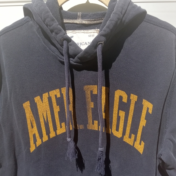 American Eagle Men's Navy Blue Hoodie Yellow Lettering Size Small Spell Out - Picture 2 of 8